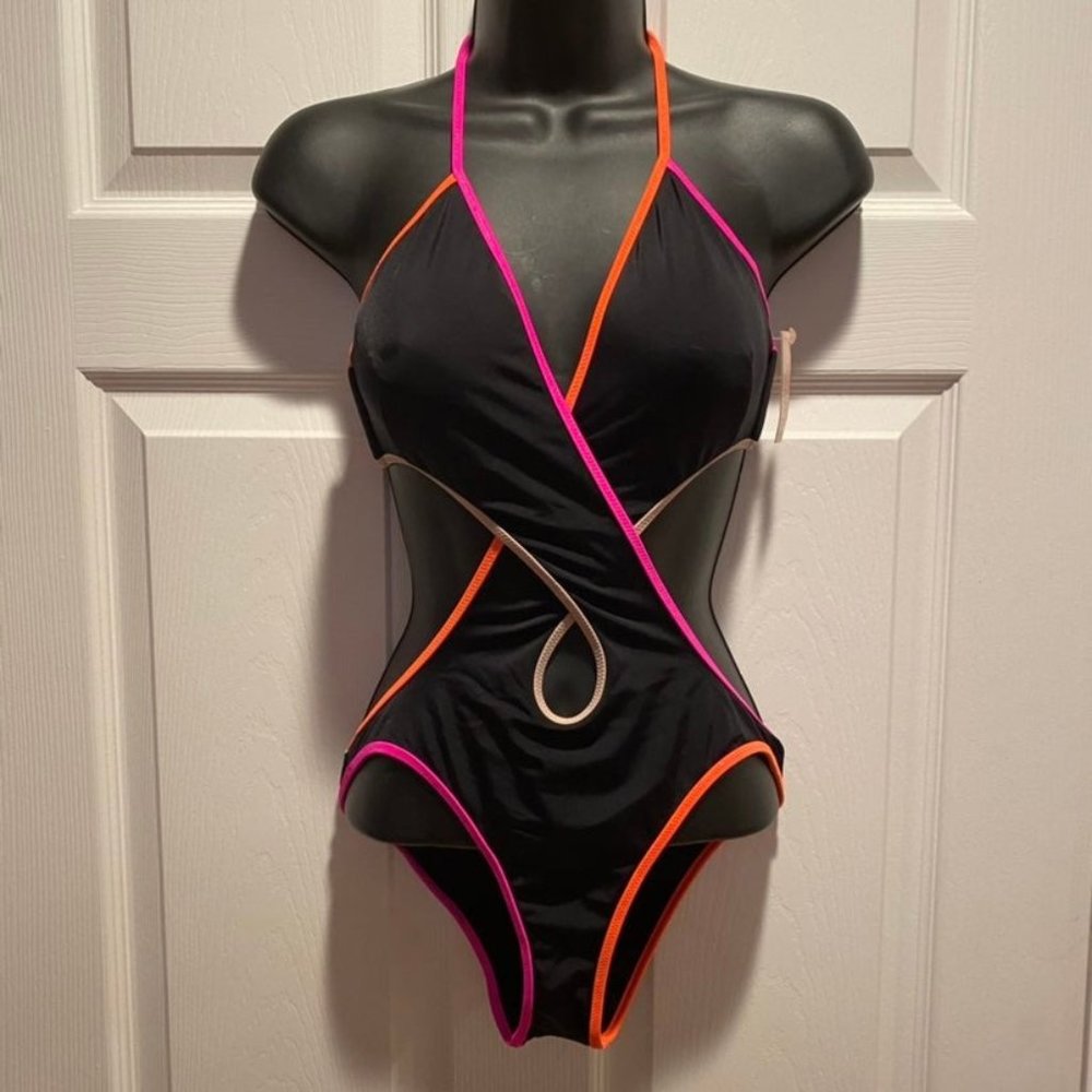 Victoria's Secret Black Halter One-Piece with Pink and Orange Trim